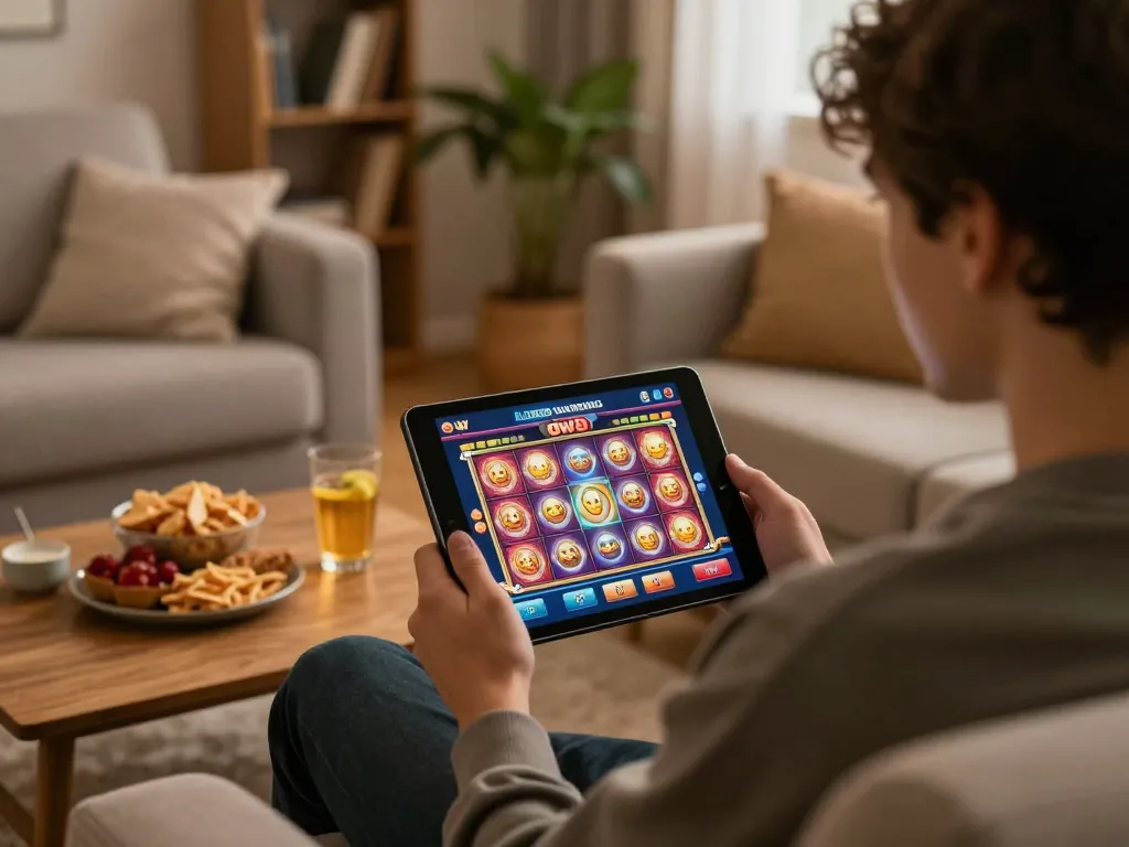 Engaging with dw8 online casino on tablet in a cozy home setting with snacks.