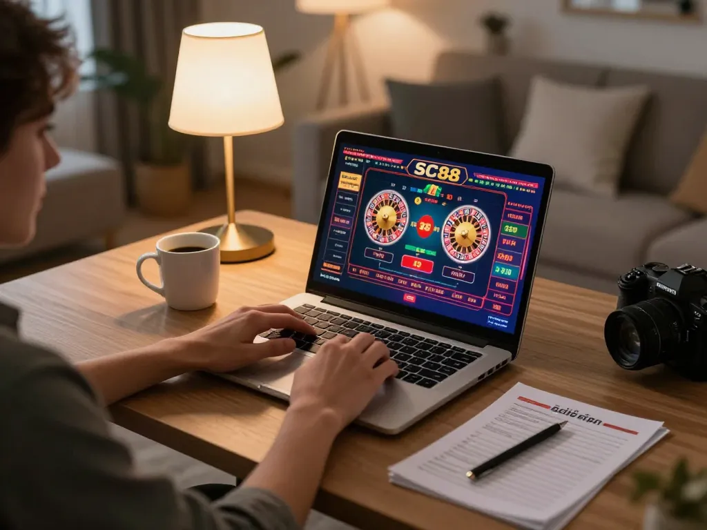 Player engaging with SC88 online casino games on laptop at a stylish home setup.