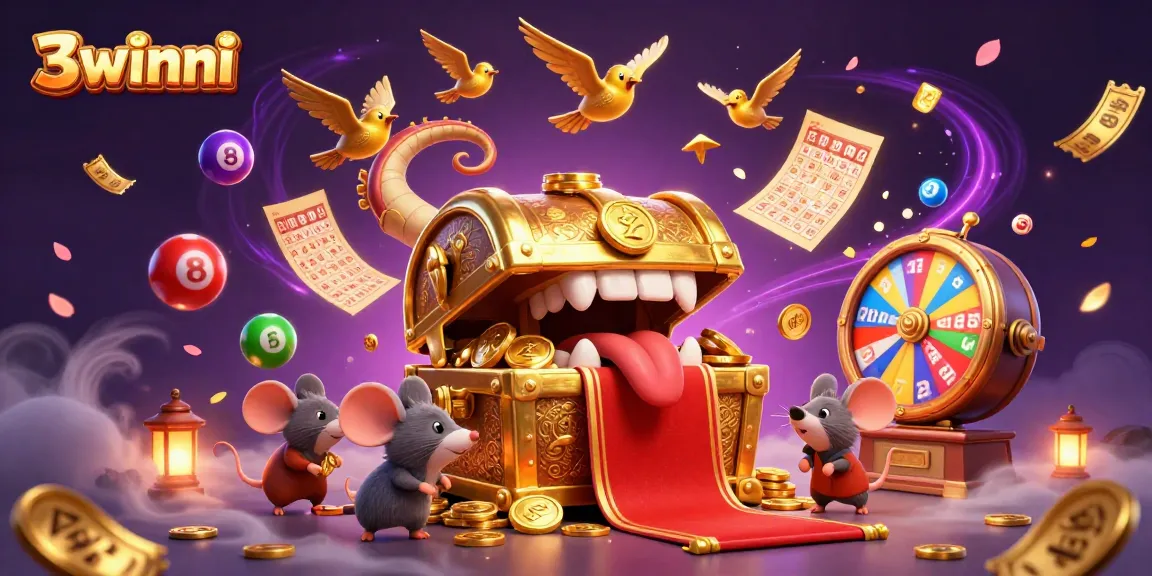 Play 3winni with vibrant lottery balls and a treasure chest in an enchanting casino scene.
