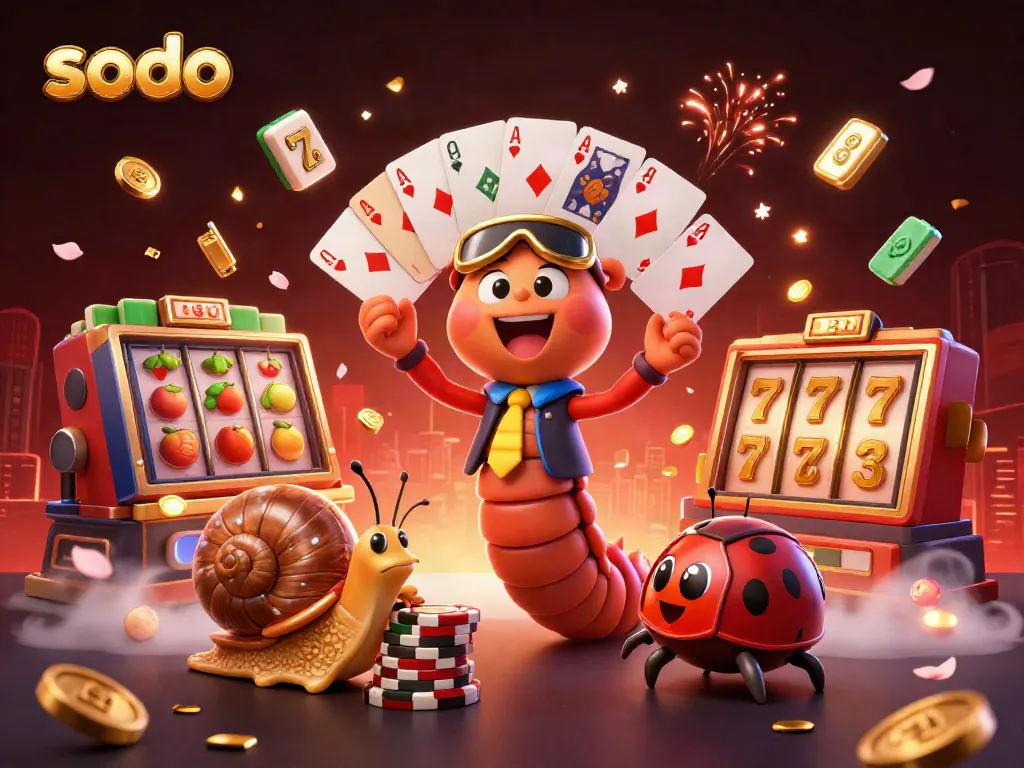 Engage with the sodo gaming experience featuring a whimsical 3D millipede dealer and high-roller snail.