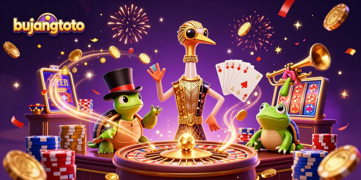 Bujangtoto showcases a vibrant casino scene with animated characters, coins flying, and a roulette wheel spinning.