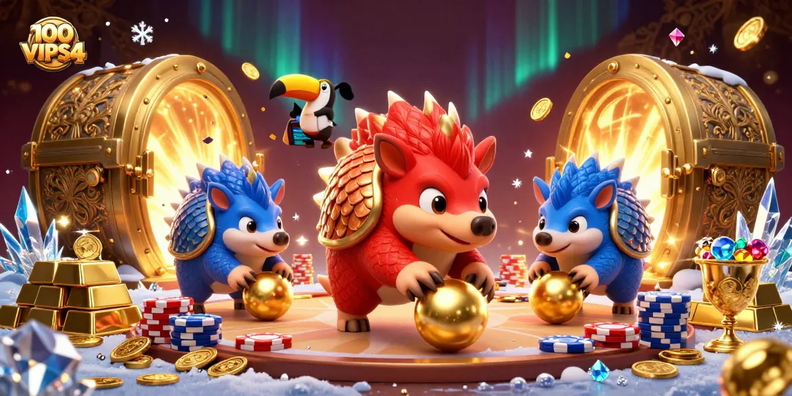 Engage in thrilling gambling action with 100VIPS4 as rival pangolins roll bowling balls through poker chip stacks.
