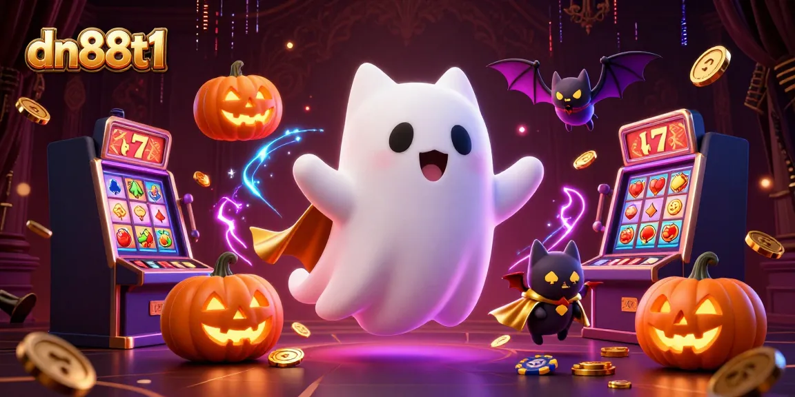 Join the action at dn88t1 as a ghost cat and bat navigate a haunted casino filled with glowing slot reels.