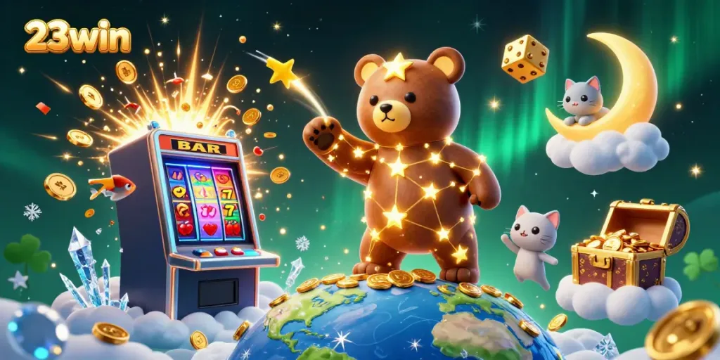 Experience the thrill of 23win with a vibrant illustration capturing casino elements and gaming excitement.