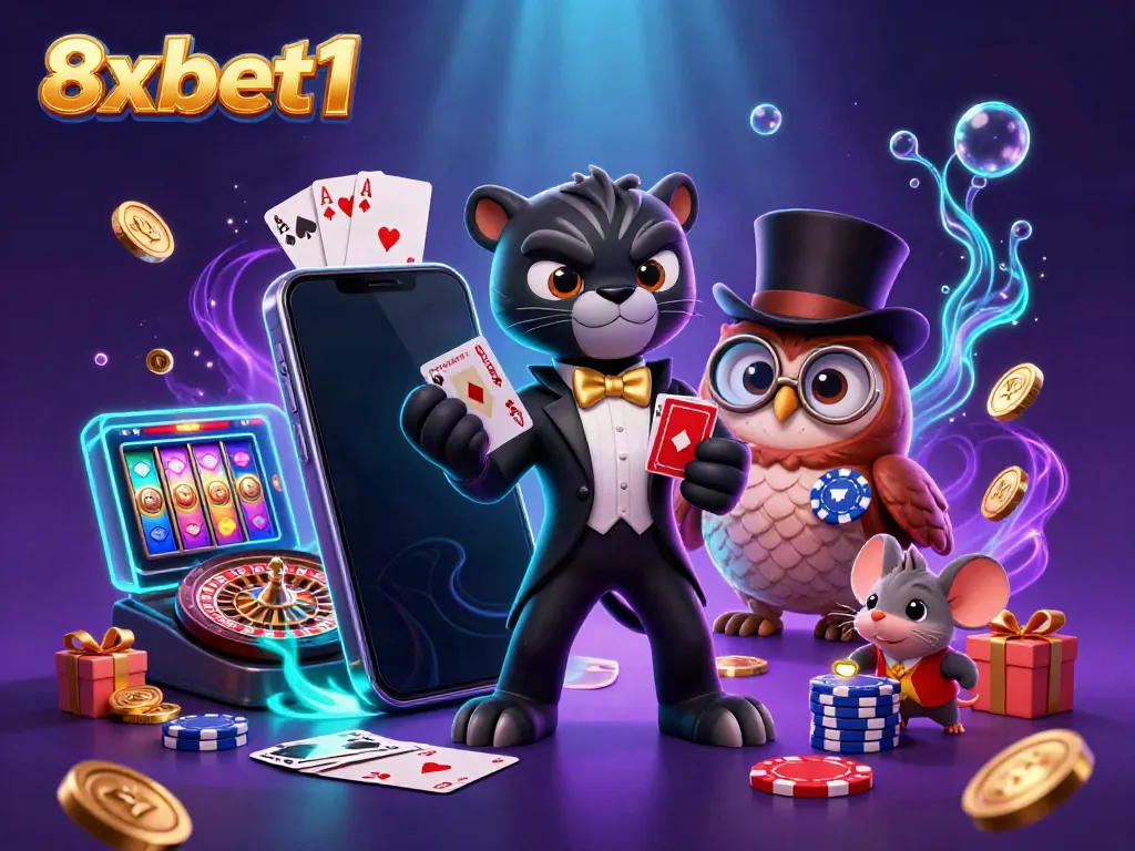 Experience thrilling card games with stylish characters at 8xbet1, showcasing a lively casino atmosphere.