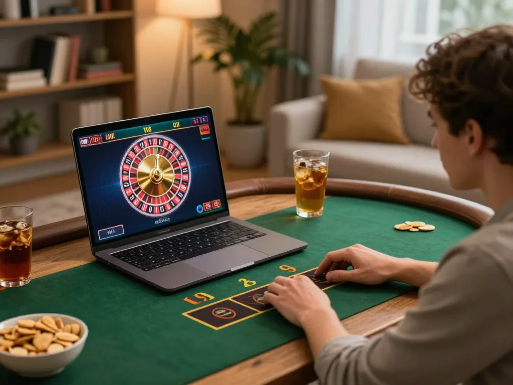 Player enjoying live dealer games at cm88casino from a cozy home setup with snacks and drinks.