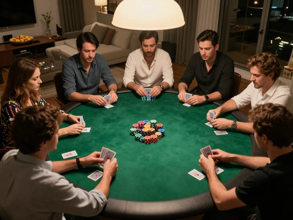 Players strategizing at a poker table in a home setting, showcasing Casino XX88 gameplay.