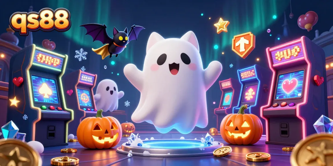 Experience thrilling wins with qs88 in a haunted casino with a ghost cat and arcade games.