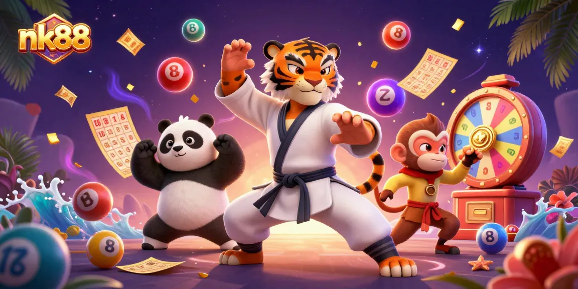 Engage with nk88 in a vibrant 3D casino world featuring lottery balls and playful characters.