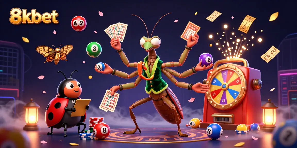 Engage with 8kbet in a vibrant casino scene, featuring a giant mantis and ladybug pit boss showcasing dynamic casino activities.