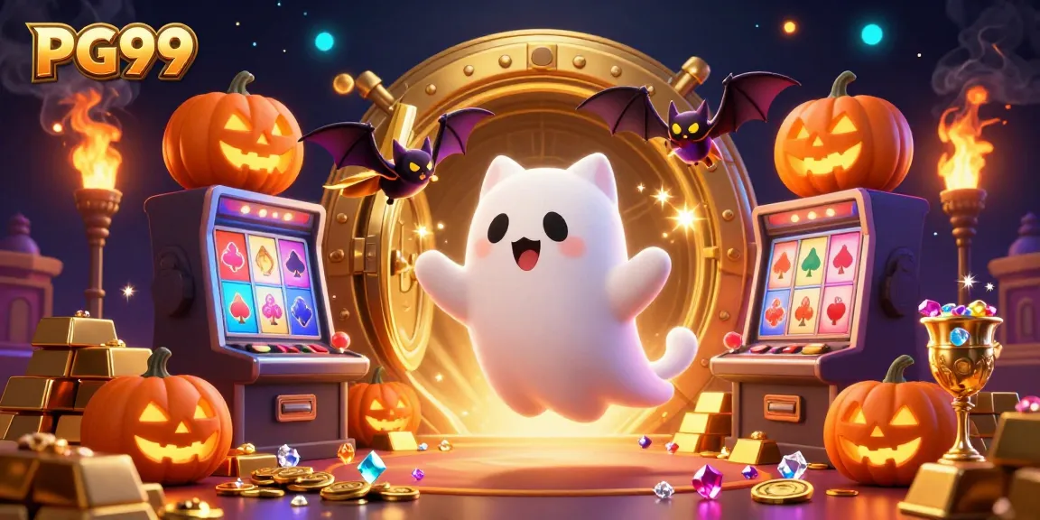 Engage with PG99 at the casino, where a ghost cat and bat add fun among glowing jack-o-lanterns.