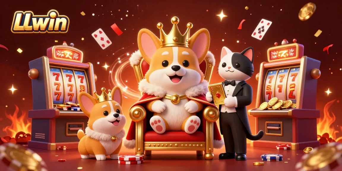 Experience LLwin's vibrant casino world, featuring a royal corgi and dynamic slot machines amidst confetti bursts.