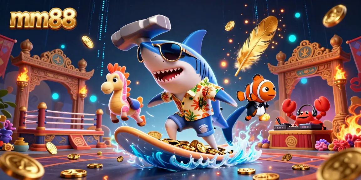 Engage in thrilling gameplay at mm88 with a vibrant underwater casino scene featuring a shark, clownfish, and DJ crab.