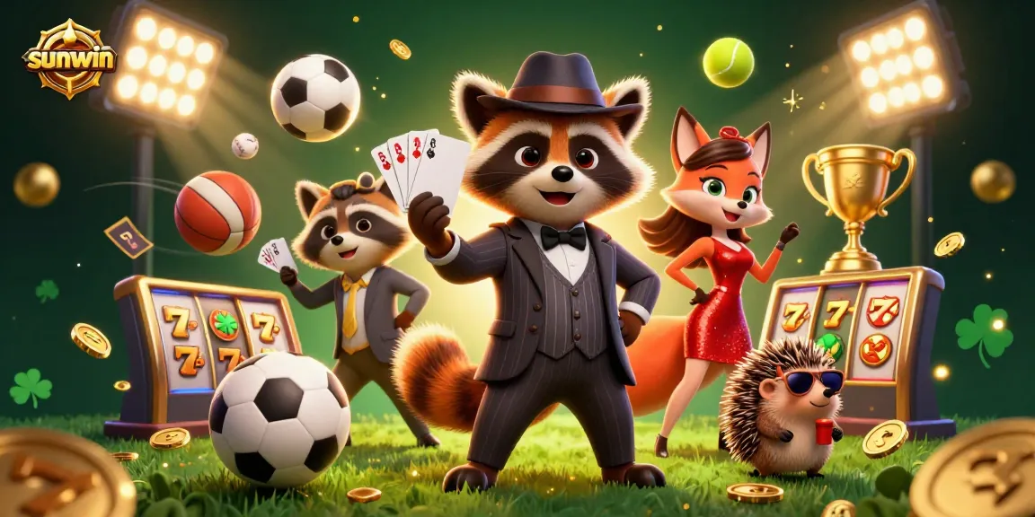 Experience sunwin's thrills with a raccoon and friends celebrating sports betting in a vibrant casino.