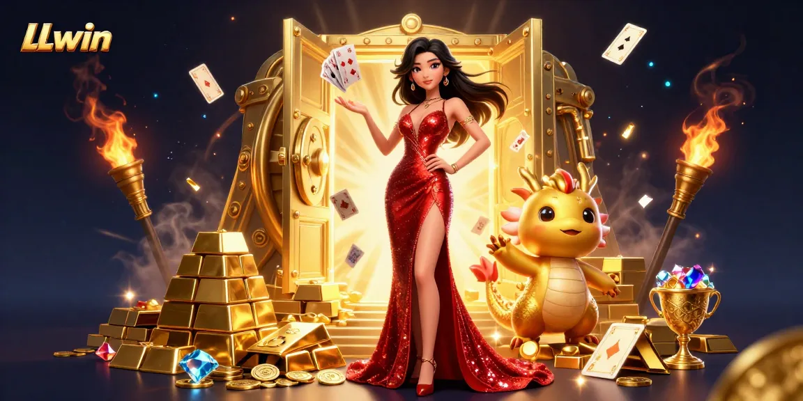 LLwin showcases an exciting scene with an elegant woman, floating cards, and golden treasures symbolizing winning.