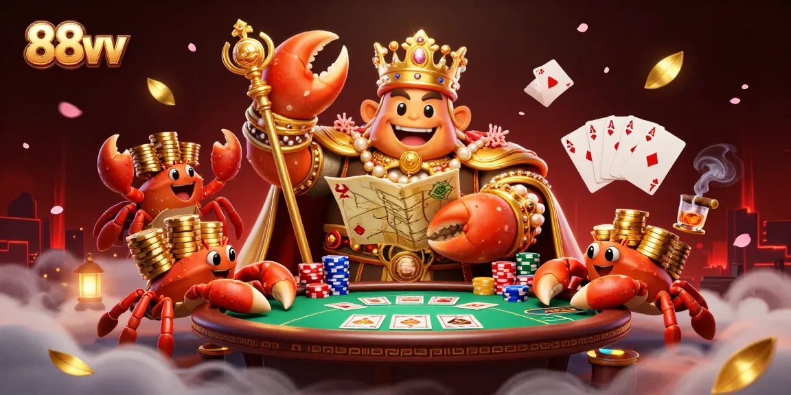Engage in thrilling poker with 88vv's golden crab emperor amidst rich casino elements.