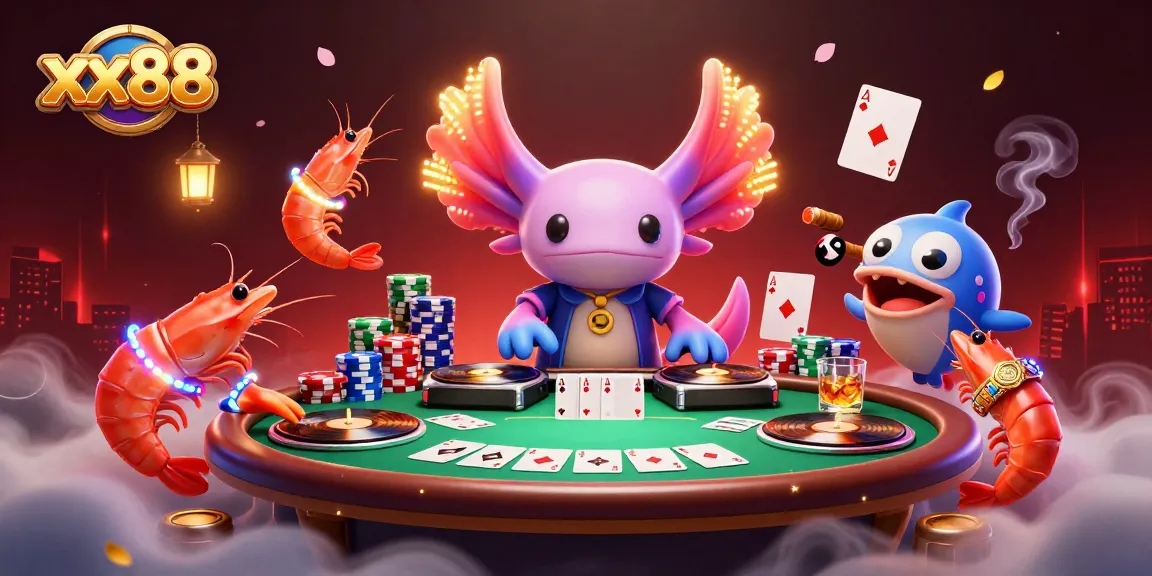 Experience thrilling poker action at xx88 with vibrant characters and engaging game elements in a dynamic casino scene.