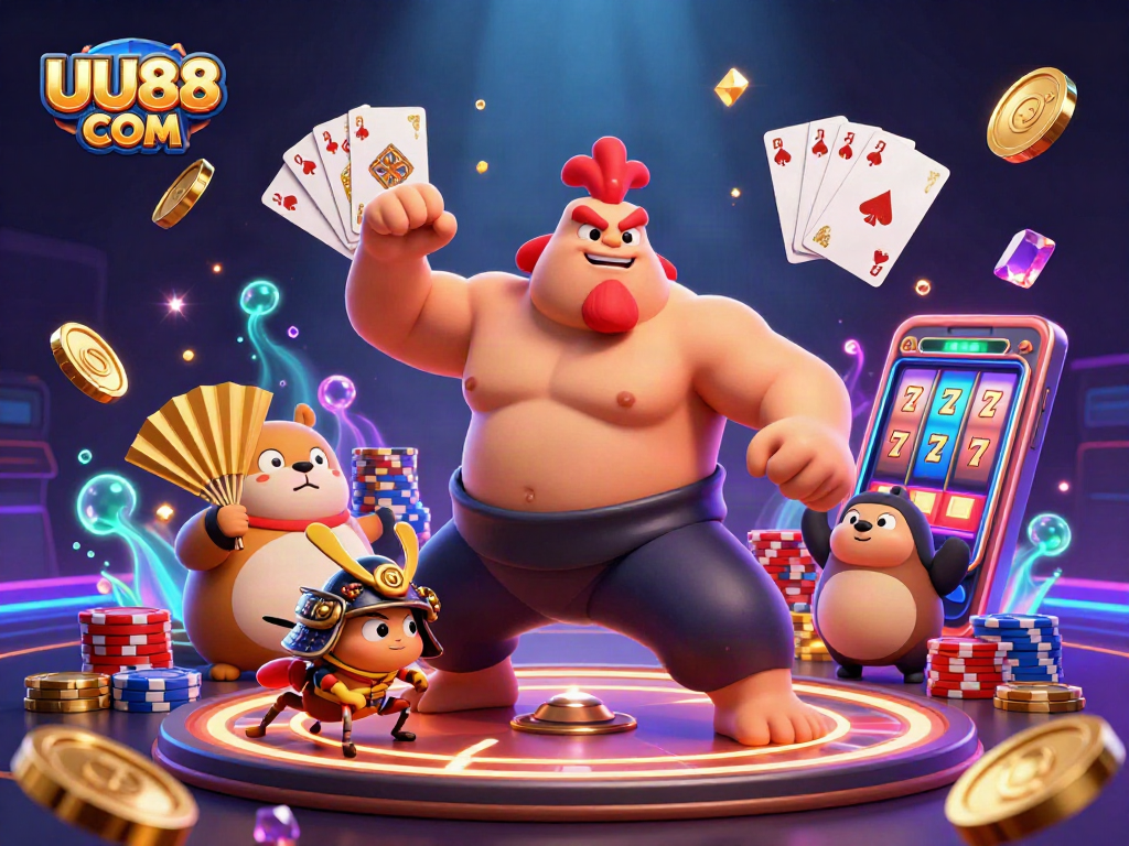 Win big with an exciting UU88 COM casino scene featuring colorful characters and dynamic gaming elements.
