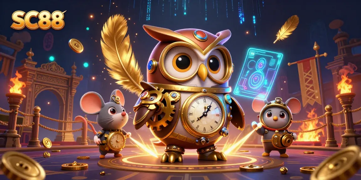 SC88 showcases a vibrant 3D casino scene with a time-traveler owl and dynamic game elements.