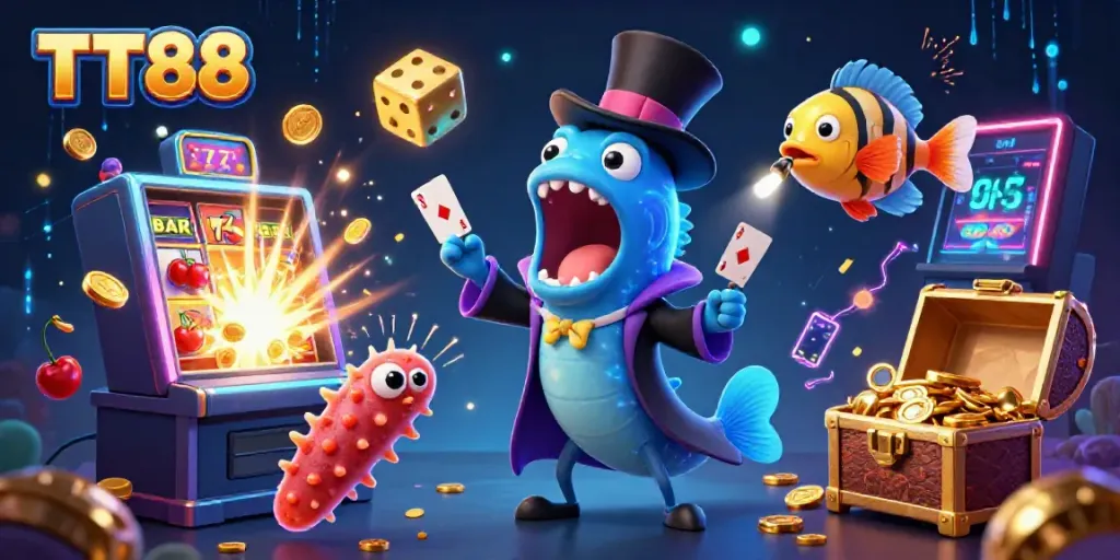 Engage in thrilling gameplay at TT88, featuring dazzling 3D animations with monsters and colorful casino symbols.