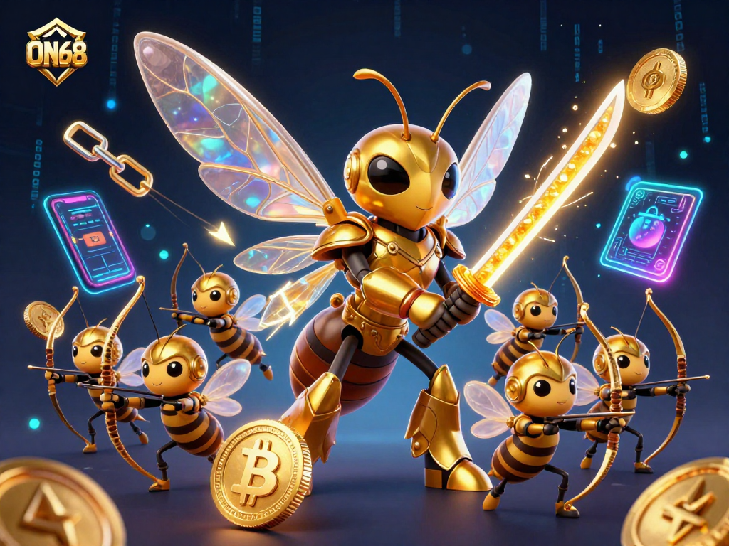 Experience the thrill of gaming at ON68 with dynamic characters and crypto elements in a vibrant casino scene.