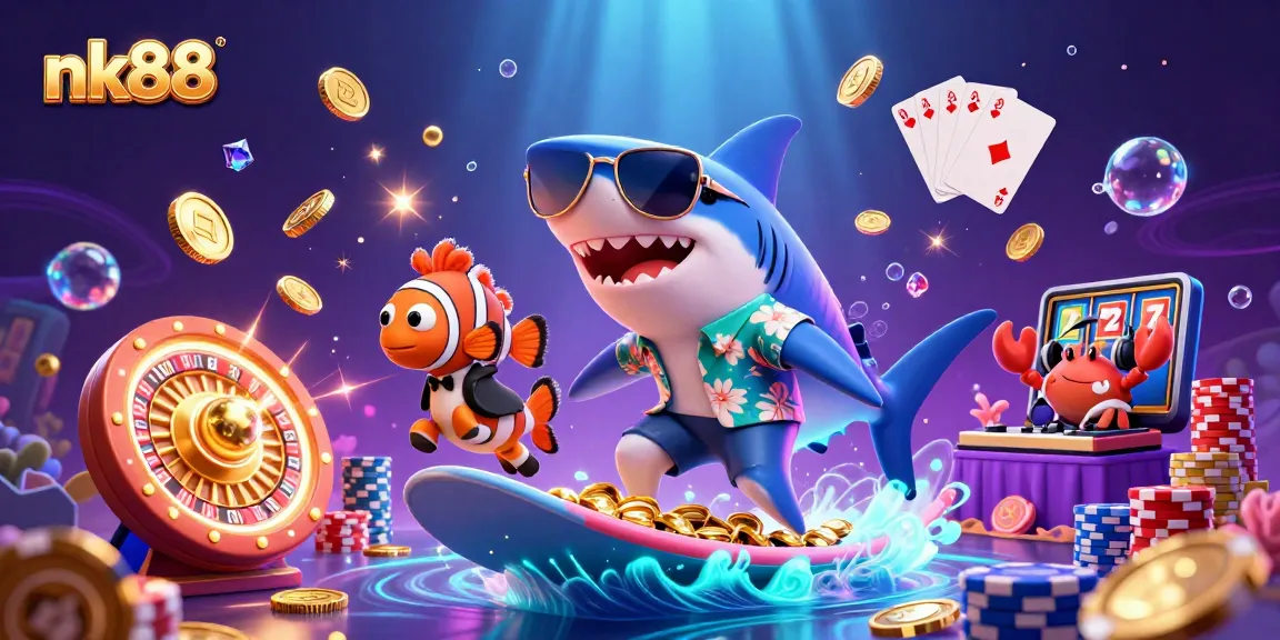 Experience nk88's vibrant gaming scene with a shark, clownfish, and DJ crab in a gold coin wave