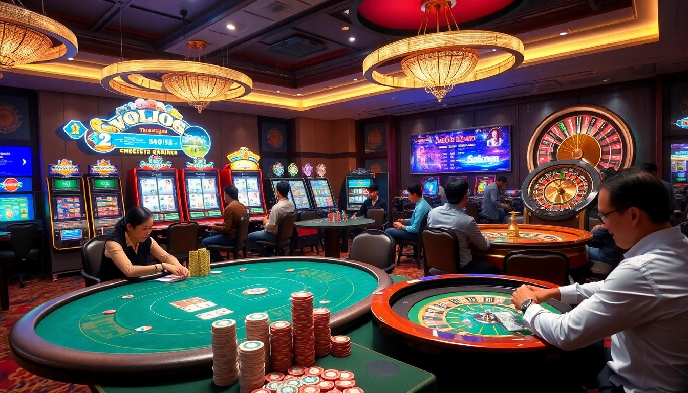 Naga99 players enjoying a thrilling casino experience with vibrant gaming tables and slot machines