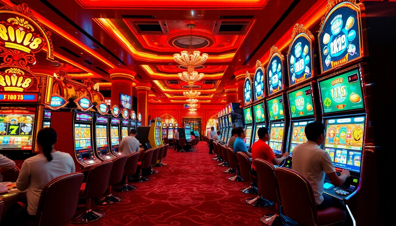 Experience the excitement of F168 Nổ Hũ with vibrant slot machines in a glamorous casino setting