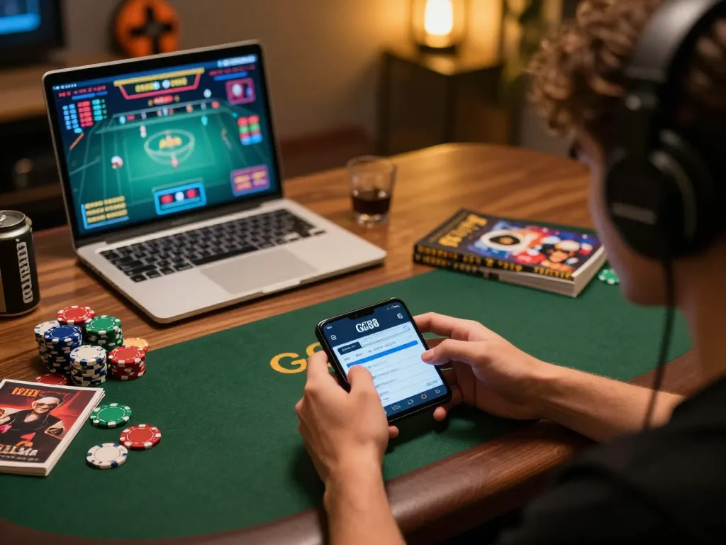 Engaging with the GG88 mobile app during online gaming session, showcasing vibrant atmosphere and strategic focus.