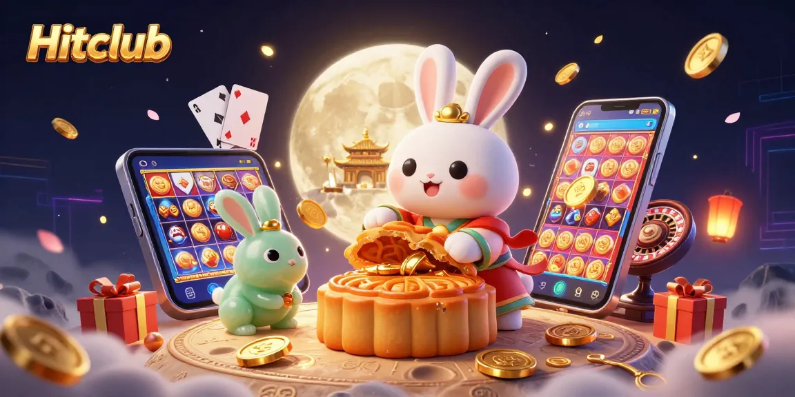 Experience the excitement of Hitclub with a moon rabbit revealing poker chips amidst a vibrant casino scene.