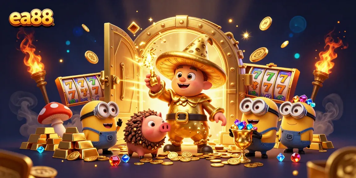 Spin the reels with the golden mushroom wizard in a vibrant ea88 casino treasure scene filled with luck and magic.