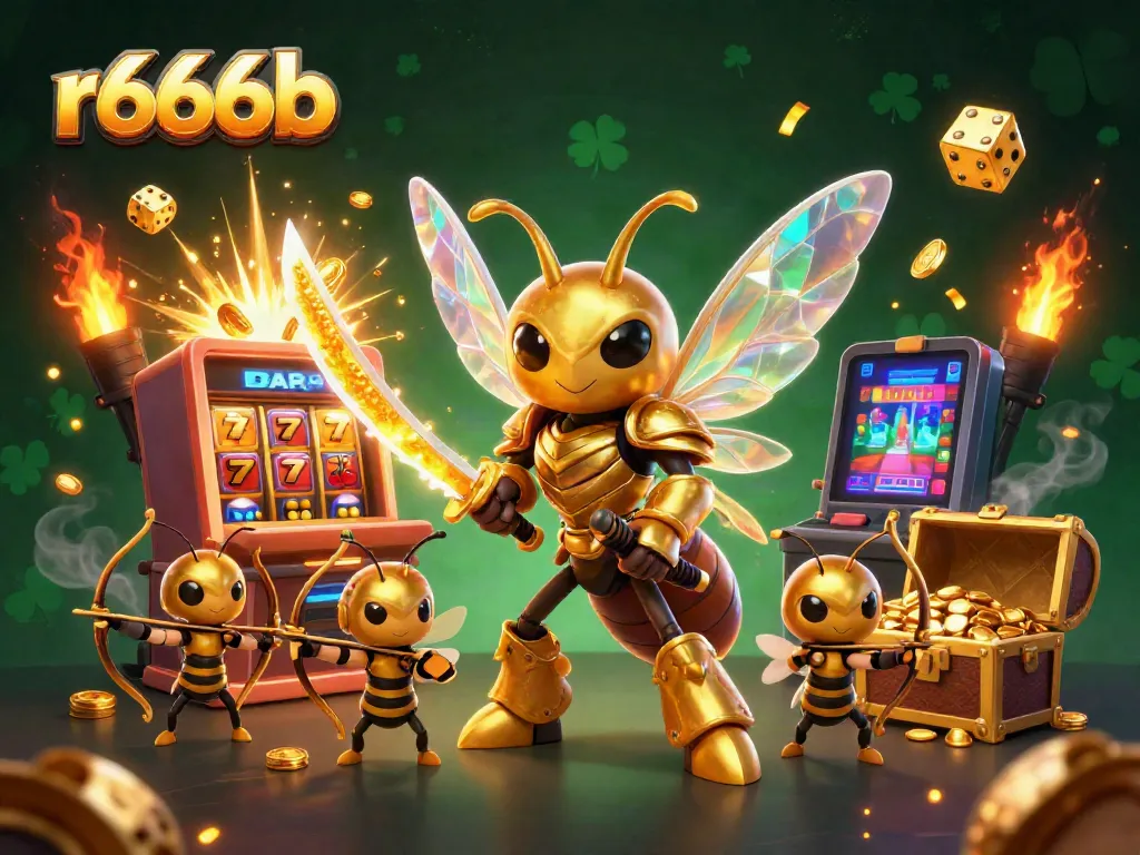 Experience excitement with r666b through a 3D scene featuring vibrant casino elements and dynamic characters.
