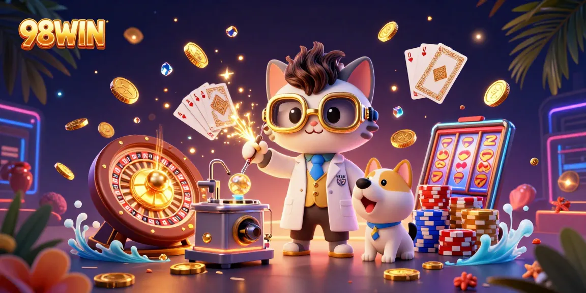 Experience the thrilling world of 98WIN with vibrant gambling visuals, featuring dynamic casino elements and characters.