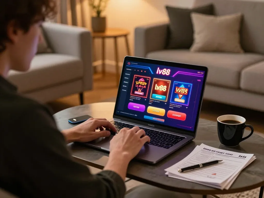 Person gaming at lv88 online casino in a cozy home setting with laptop and strategy notes.