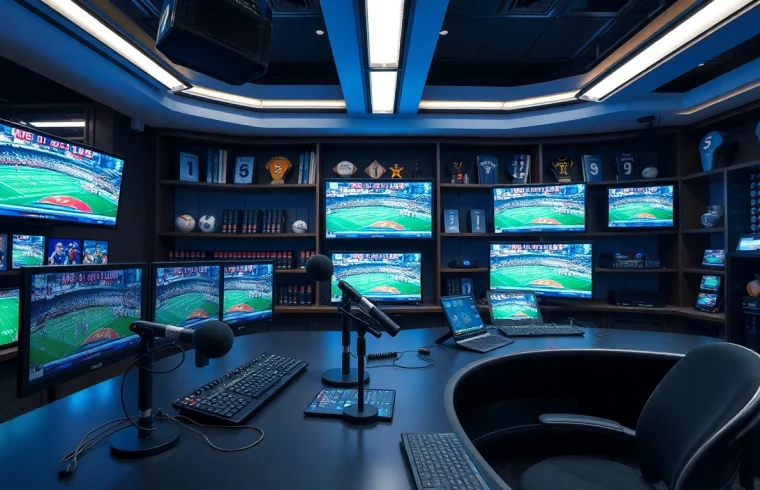 Live sports broadcasting setup showcasing advanced technology and dynamic atmosphere.