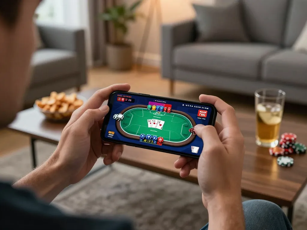 Player enjoying 789f mobile gaming in a cozy setting with poker action on screen