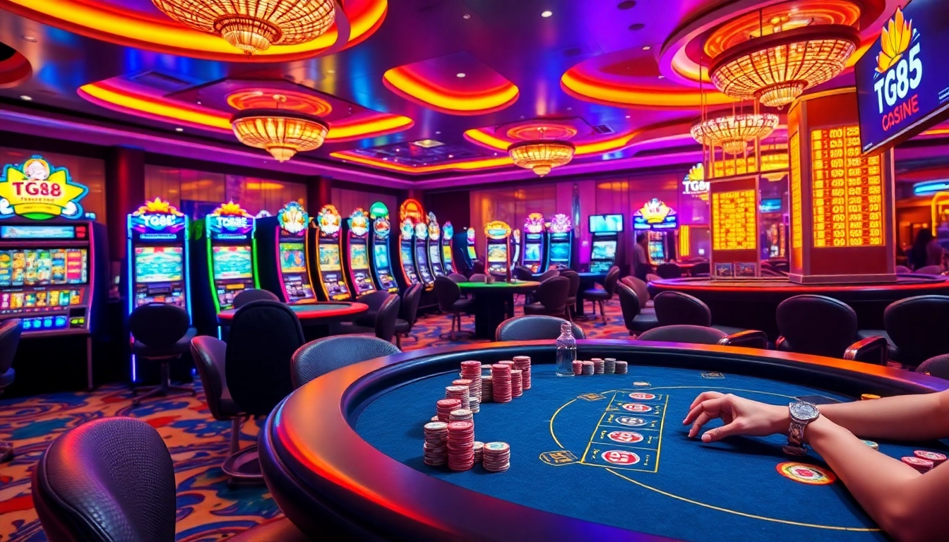Gamblers enjoying an exciting game session at TG88's vibrant casino setup.