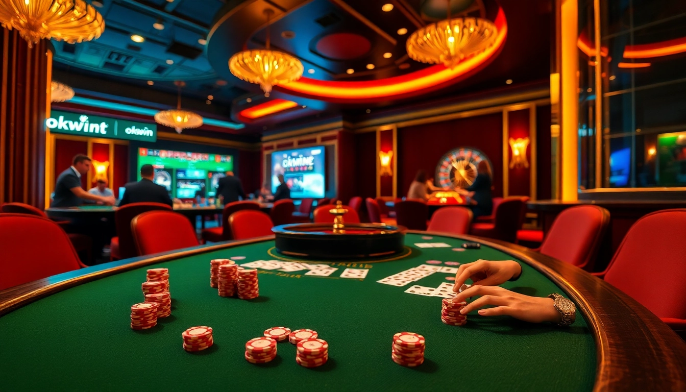 Intense poker action at an elegant casino table, embodying the spirit of okwin's gambling excitement.