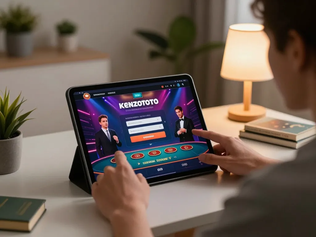 Engaging in dynamic online gaming at home with kenzototo login displayed on tablet, showcasing excitement and responsible entertainment.