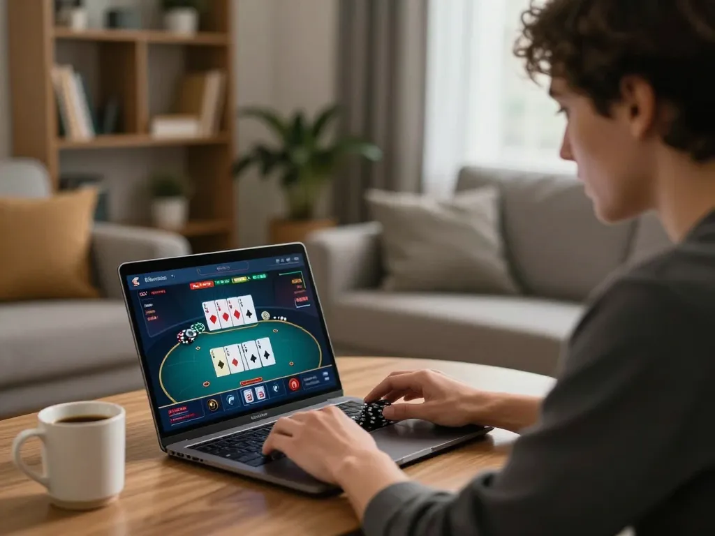 Player engaging in strategic online poker at g28 platform in a cozy living room setting.