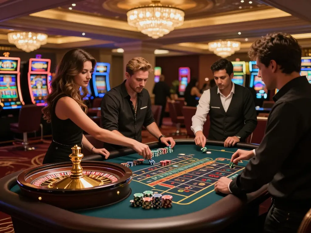 S666 players engaged at a luxe roulette table, showcasing excitement and strategy in high-stakes gambling.