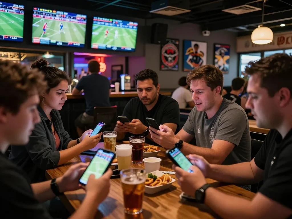 Excited patrons placing bets on live games during tin soi kèo at a vibrant sports bar.