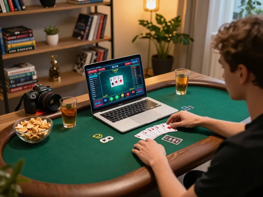 Engaged player strategizing in a 92slot online poker game on a stylish laptop setup.