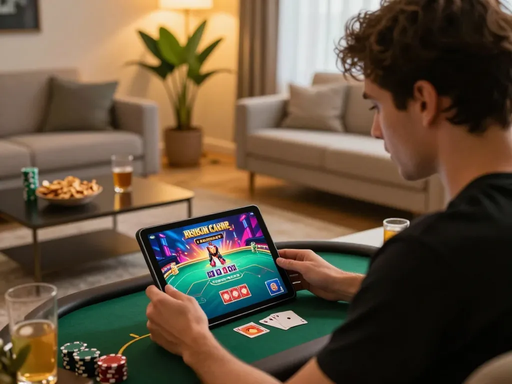 Player engaging in SC88 online poker game, showcasing strategy and immersive design at home.