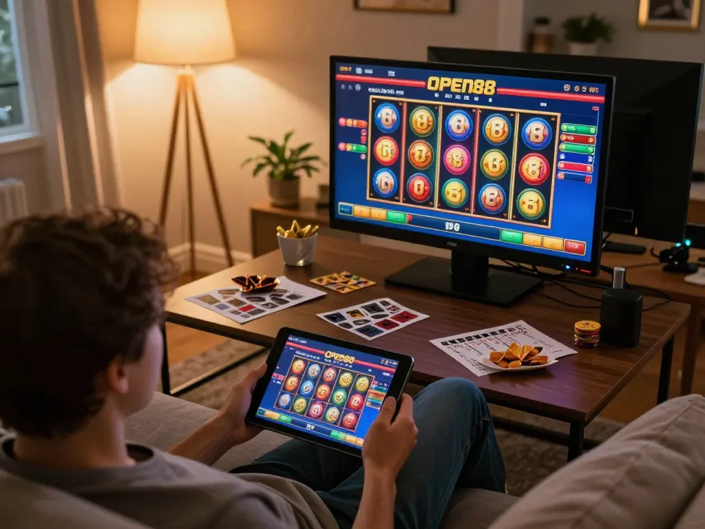Engaging gameplay on Open88 casino app while relaxing at home with a tablet.