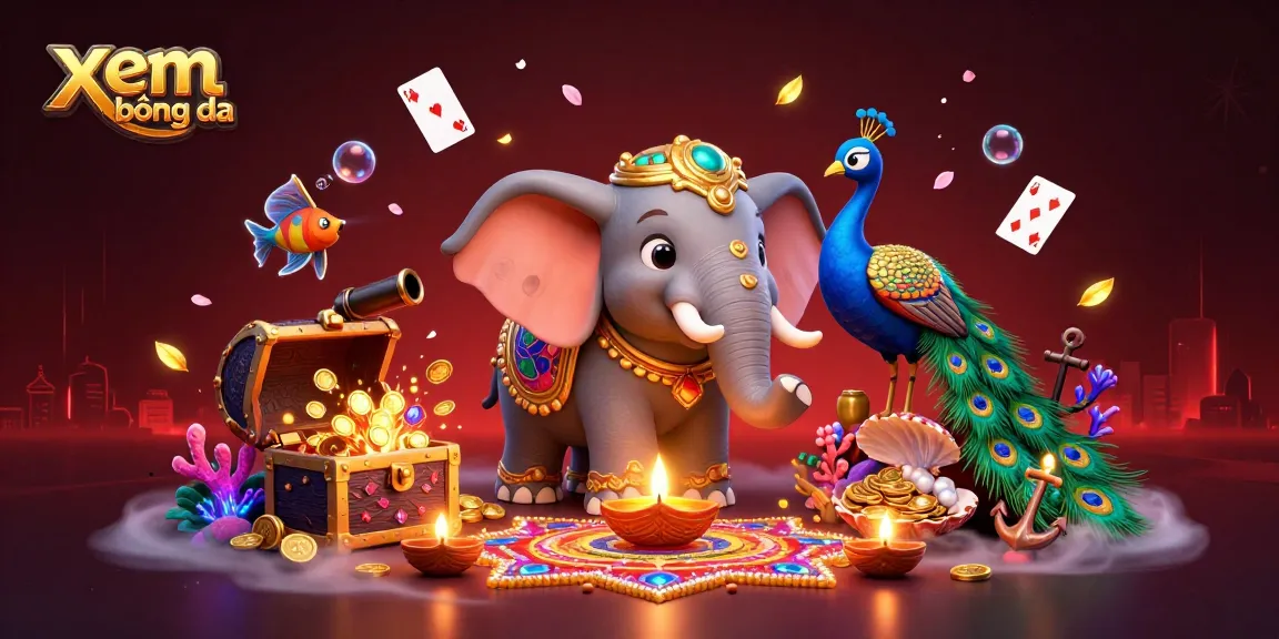 Watch xem bóng đá in a vibrant 3D scene featuring a decorative elephant and peacock among dynamic gaming elements.