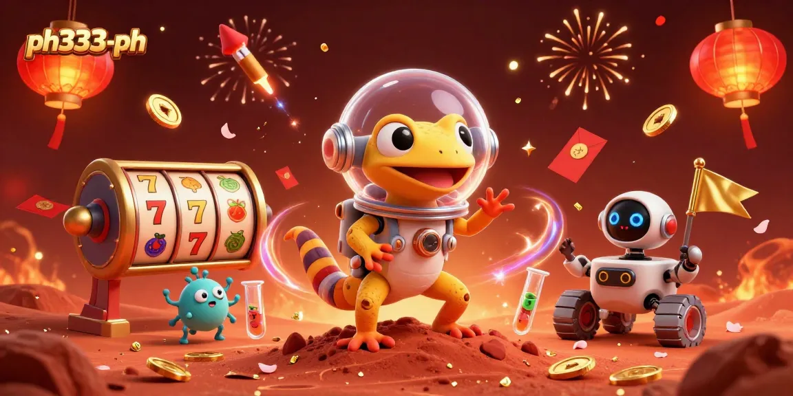 Join the Martian gecko and robot in the galactic casino of ph333-ph, spinning slots amid celebratory elements.