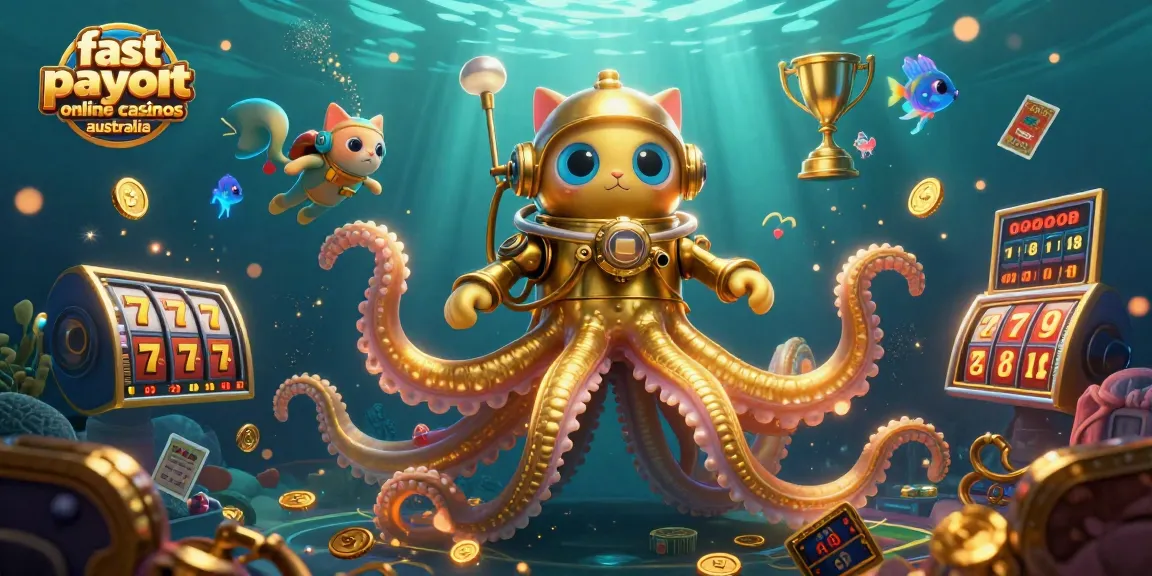 Explore fast payout online casinos Australia with thrilling 3D kraken and diving cat illustration.