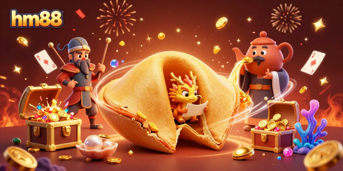 Experience the thrilling world of hm88 with a vibrant 3D casino illustration featuring a fortune cookie and dragon, surrounded by treasures.