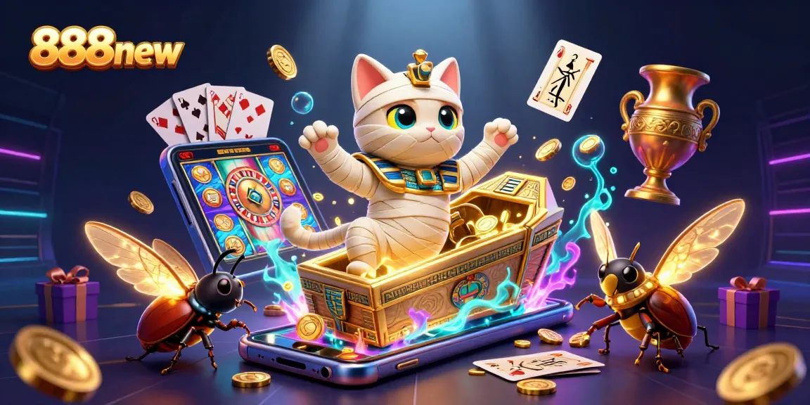 Join the excitement at 888new with an intriguing scene of a mummy cat and scarab beetle amidst vibrant casino elements.